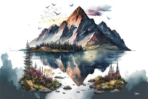 aquarel van een landschap.