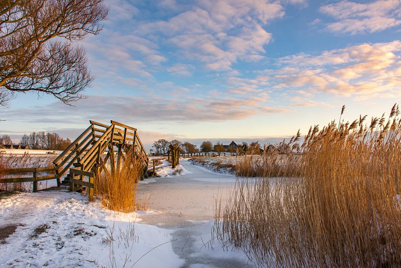 Wooden stairs the Kakelepost in Schagen in the winter. by Margreet Frowijn