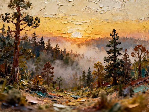 Mistbos in het gouden ochtendlicht