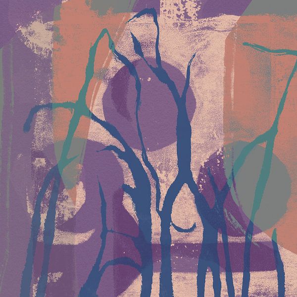 Grass in blue, purple, terra and green. Abstract botanical. by Dina Dankers
