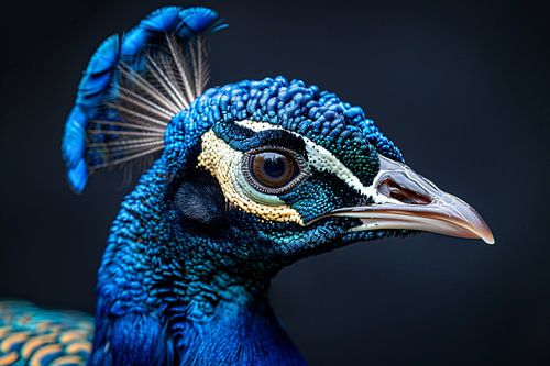 Close Up Peacock Head with Blue Feathers