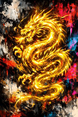 Goldener Drache der Kraft – Expressives Fantasy-Wandbild in feurigen Farben