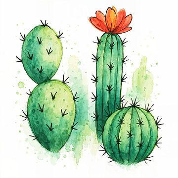 Groene cactussen met bloeiende rode bloem (AI) (Mexico, woestijn, fris, groen, rood, spetters, aquarel, schilderij) van Natalie Bruns