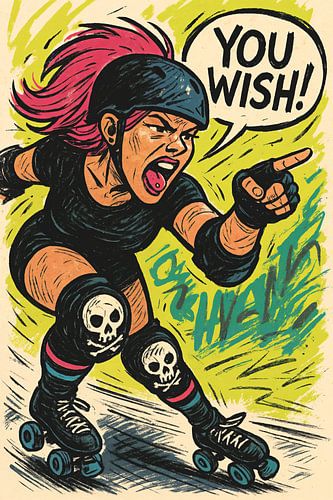 YOU WISH! (roller derby, graffiti, kleurrijk, stoer, doodshoofd, rolschaatsen, piercing, brutaal, blocker, rebels, comic)
