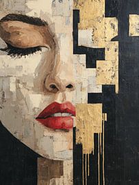 Abstract Portret met Rode Lippen en Gouden Details – Luxe Moderne Wandkunst