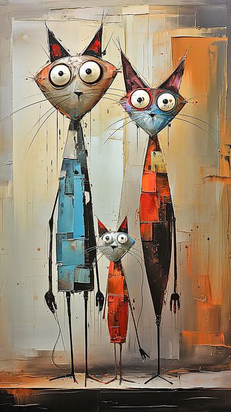 Whimsically funny cat family illustration in warm colours by Cathrin Illgen
