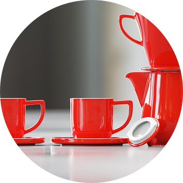 Koffiepot met filter en kopjes rood van Markus Gann