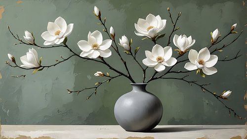 Een stilleven arrangement van magnolia bloesems in een grijze vaas