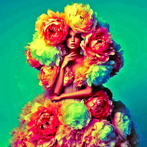 Fashion model dressed in colourful peonies by Ineke de Rijk