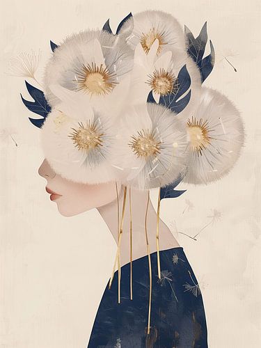 Verträumtes Porträt mit schwebenden Pusteblumen und goldenen Akzenten