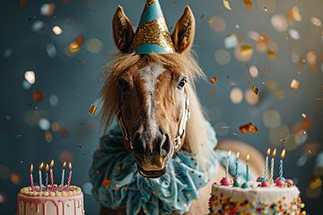 Paard vieren met verjaardagstaart en confetti van Poster Art Shop