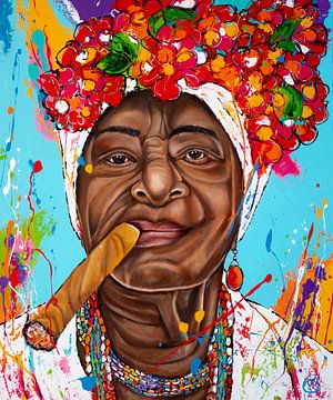 Cubaanse vrouw met sigaar VI van Happy Paintings