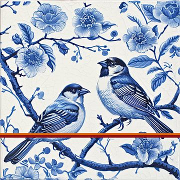 Two sparrows on blossom branch in blue by Vlindertuin Art