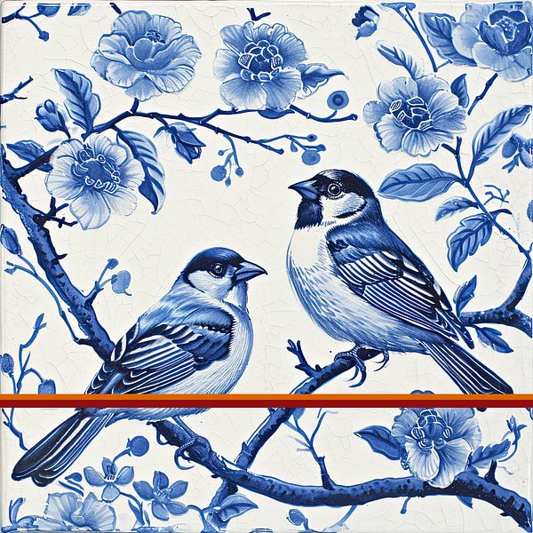 Two sparrows on blossom branch in blue by Vlindertuin-Art