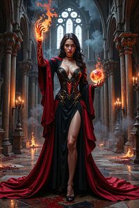 Dark Fantasy Wandbild: PYRAVESSA – Eine Magierin spielt mit einem Feuerball in einer Kathedrale
