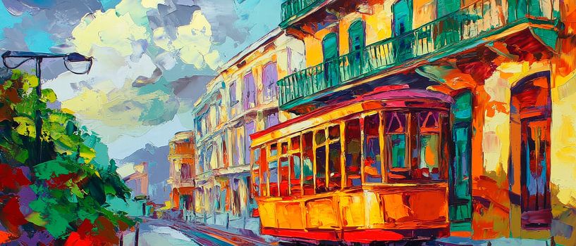 Bunte Straßenbahn in der Stadt von Poster Art Shop