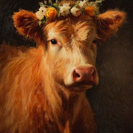 Scottish highlander with garland of flowers in warm shades by But First Framing