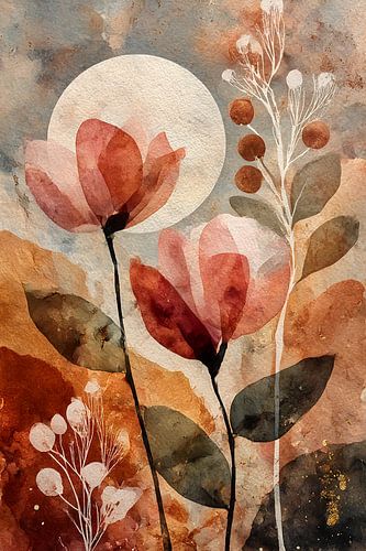 Terracotta Moon Garden – Japandi Aquarel van Marijke Trienekens