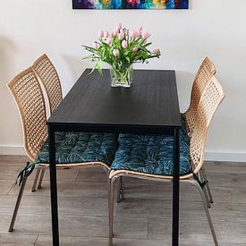 Klantfoto: Abstracte kleurrijke huizen van Jan Bouma, op canvas