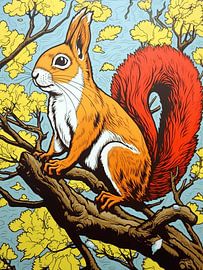 Eichhörnchen Ast Graphikstil Fell Natur Blätter rot orange gelb