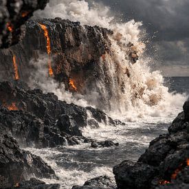 Explosive Begegnung von Feuer und Wasser – Fließende Lavaklippen, die in einen wilden Ozean stürzen von Design Wall Arts