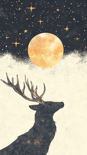 Hirsche unter goldenem Mond und Sternenhimmel von Eva Lee