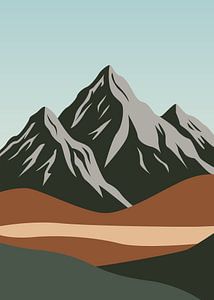 Minimalistische, flache Vektorillustration von schroffen Berggipfeln über einem aus mehreren Ebenen bestehenden Wüstentalboden