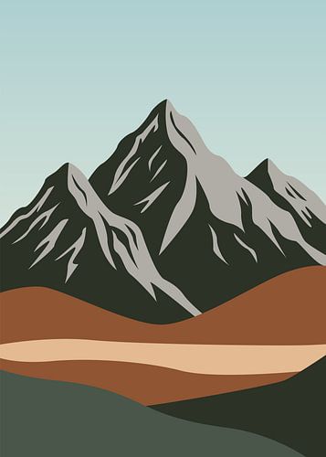 Illustration vectorielle minimaliste représentant des sommets montagneux escarpés surplombant une vallée désertique en couches