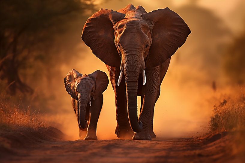 Olifant met jong van Koffie Zwart