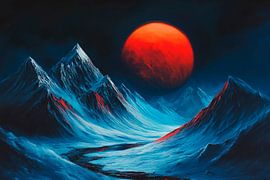 Soleil rouge au-dessus des montagnes enneigées sur Poster Art Shop