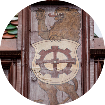 Schild  met leeuw boven op dak van het Raadhuis van Bazel in Zwitserland van Joost Adriaanse