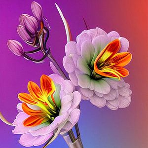 Stilleben mit Blumen XIII - violetter Hintergrund mit lila Blume mit orange-gelbem Akzent von Lily van Riemsdijk - Art Prints with Color