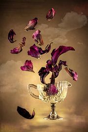 Chute libre. Nature morte Verre avec feuilles de Tulipe.