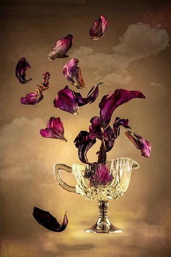 Chute libre. Nature morte Verre avec feuilles de Tulipe.