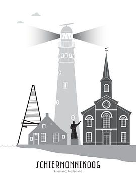 Skyline illustration wadden island Schiermonnikoog black-white-grey by Mevrouw Emmer