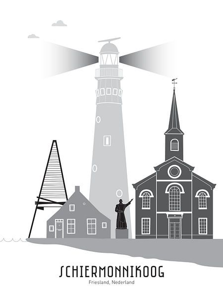 Skyline-Illustration der Insel Schiermonnikoog in schwarz-weiß von Mevrouw Emmer