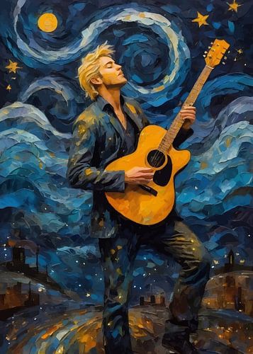 Man speelt akoestische gitaar in abstracte sterrennacht