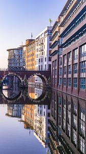 Weerspiegeling in het water tijdens blue hour in Hamburg, Duitsland