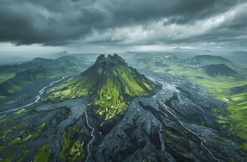 Lavaflüsse weben durchs Land von fernlichtsicht