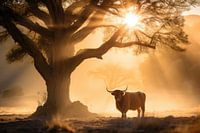Schotse hooglander gouden uur met lichtstralen