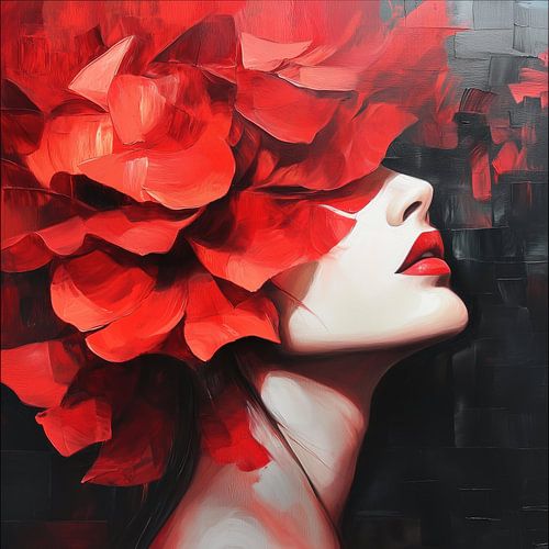 Abstracte vrouw in rode bloemen