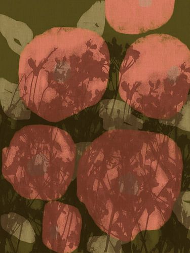 Botanische kunst in bruin, groen, roze. Monotypes weidebloemen.