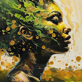 Vrouwenportret Schilderij | Dream in Gold and Green van Kunst Kriebels