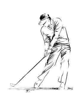 Illustration sportive d'un joueur de golf. Peinture acrylique noire sur papier sur Galerie Ringoot