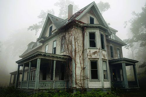 Oude villa gehuld in mist