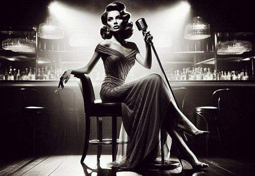 Film Noir Singer with Microphone in Bar