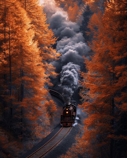 Historic train in the autumn forest by fernlichtsicht