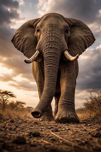 De reus van de Afrikaanse savanne – een majestueuze olifant wandelt krachtig door het warme avondlicht onder een dramatische hemel