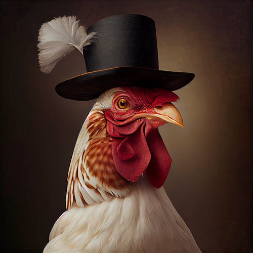 Stately portrait of a Rooster with hat. Part 12