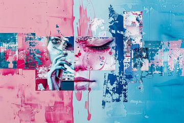 Abstract, mixed media, blauw en roze #8 van Joriali Abstract